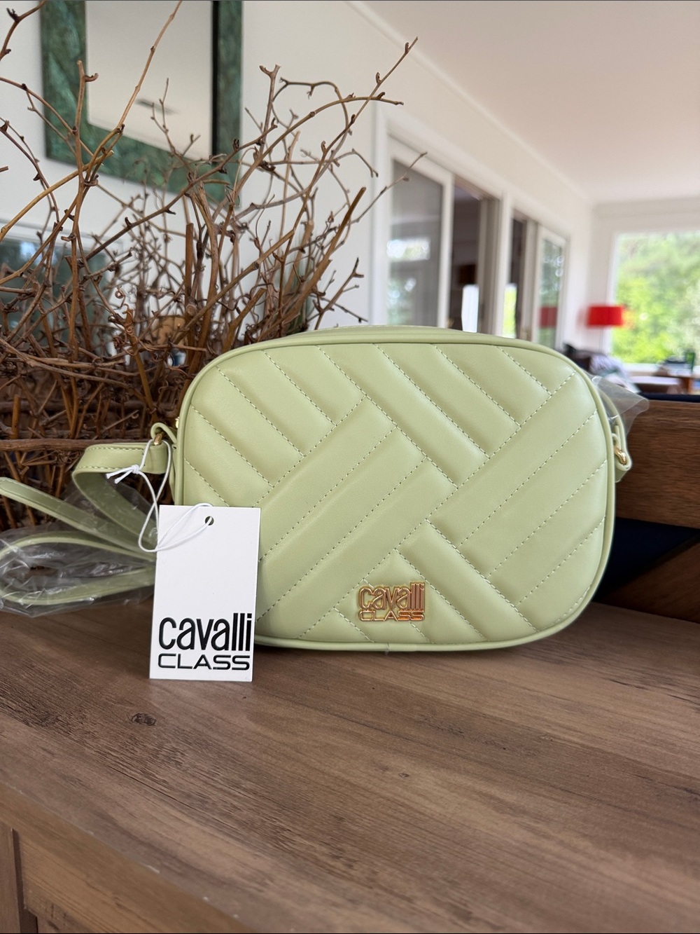 Cavalli Class Quilted Crossbody Bag in Light Green